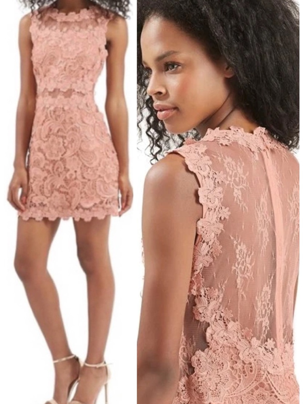 Topshop Blush Pink Scalloped Lace Mini Dress Illusion Back Shift Size 8 Bridal